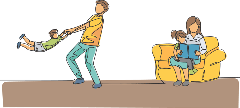 Single continuous line drawing of young father playing with son while mother sitting on sofa and reading book to daughter. Happy family parenting concept. One line draw design illustration png