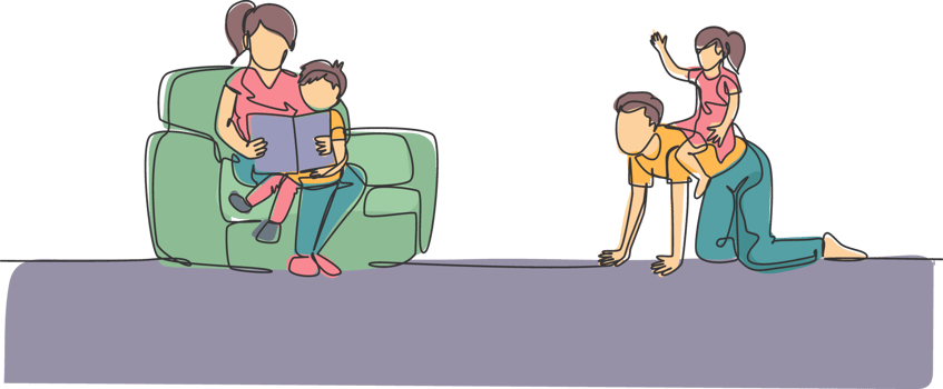 One continuous line drawing of young play with daughter while mother sitting on sofa and reading book to son. Happy family parenting concept. Dynamic single line draw design illustration png