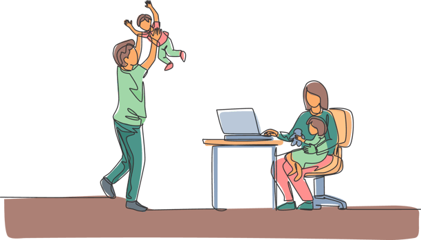 Single continuous line drawing of young mom work typing on laptop and dad playing with son at home. Happy family parenting concept. Trendy one line draw design illustration png