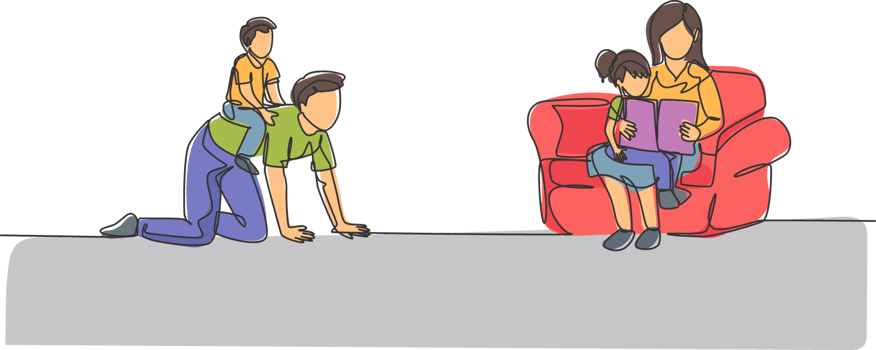 Single continuous line drawing of young father play with son while mother sitting on sofa and reading book to daughter. Happy family parenting concept. Trendy one line draw design illustration png