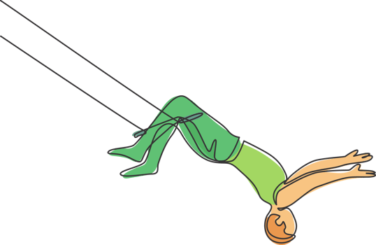 Single continuous line drawing a male acrobat performs on the trapeze with his legs hanging and head down while swinging his hand. Brave and agile. One line draw graphic design illustration. png