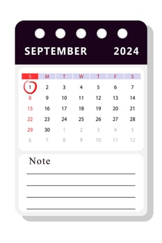 September 2024 note calendar template. Vector design