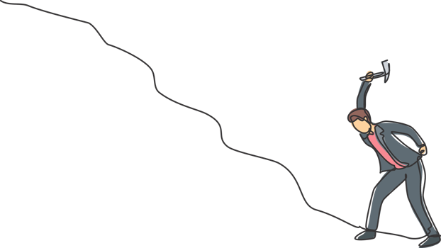 Single continuous line drawing young business man digging treasure on the uphill street with hammer. Getting a new business idea minimalist concept. One line draw graphic design illustration. png
