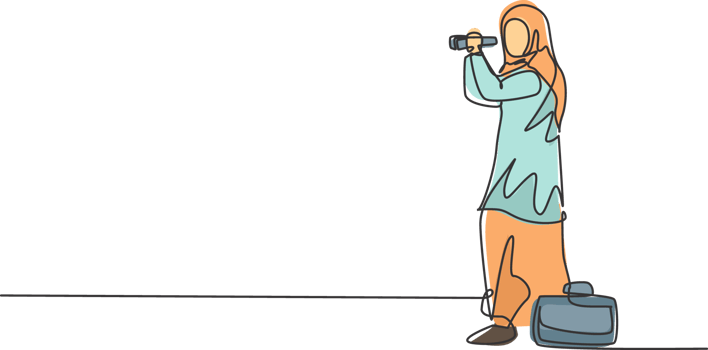 Continuous one line drawing young Arab female worker analyze market situation with binocular. Success business manager. Minimalist metaphor concept. Single line draw design graphic illustration png