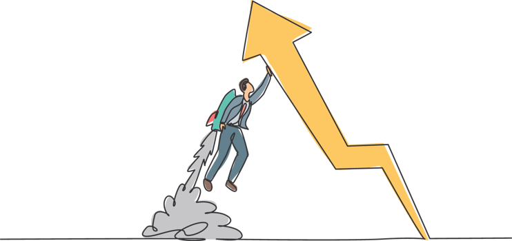 Continuous one line drawing young businessman flying with jetpack to straightening the up arrow symbol. Success business manager minimalist concept. Single line draw design graphic illustration png