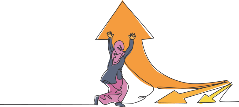 Single one line drawing of young smart Arab business woman deflect arrow symbol up to growth sales. Business growth minimal concept. Modern continuous line draw design graphic illustration png
