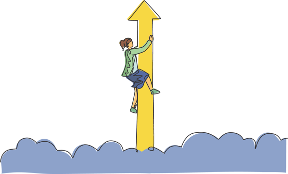 Single one line drawing of young smart businesswoman hold flying arrow up symbol through sky. Business finance growth minimal concept. Modern continuous line draw design graphic illustration png