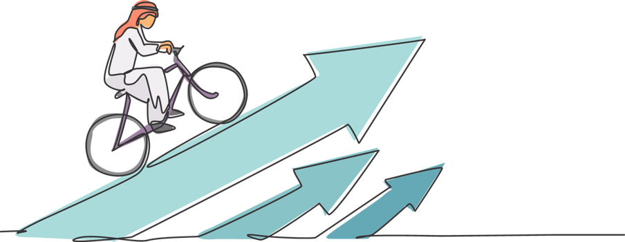 Continuous one line drawing of young Arab businessman ride bicycle to climb arrow up sign. Business financial increase minimalist concept. Trendy single line draw design graphic illustration png