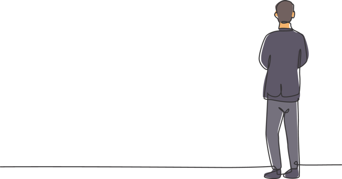 Single one line drawing of young smart business man standing back from rear view. Business financial analysis minimal concept. Modern continuous line draw design graphic illustration png