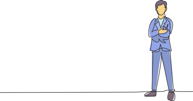 Single continuous line drawing of young handsome male worker pose standing elegantly at office. Professional businessman. Minimalism concept dynamic one line draw graphic design illustration png