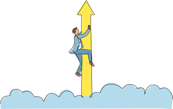 Single one line drawing young business man holding the flying up arrow sign through the cloud. Business market growth minimal concept. Modern continuous line draw design graphic illustration png