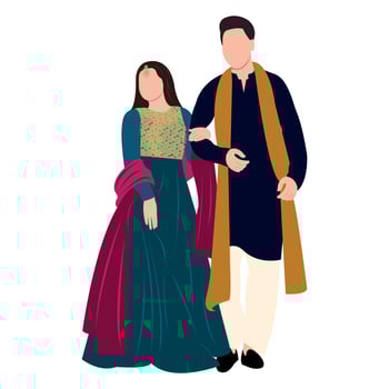 Vector vector cute indian couple cartoon in traditional dress posing for wedding invitation card design