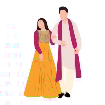 Vector vector cute indian couple cartoon in traditional dress posing for wedding invitation card design