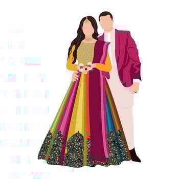 Vector vector cute indian couple cartoon in traditional dress posing for wedding invitation card design