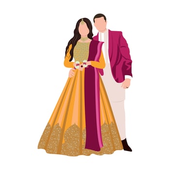 Vector vector cute indian couple cartoon in traditional dress posing for wedding invitation card design