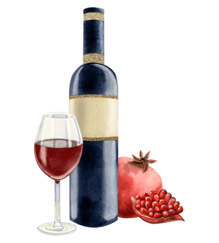 Watercolor pomegranate red wine bottle and glass with whole fruit and slice illustration for winery and menus png