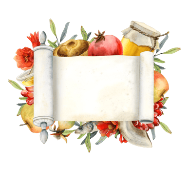 Torah scroll with Rosh Hashanah symbols and red pomegranate flowers banner template watercolor illustration for Jewish New year png
