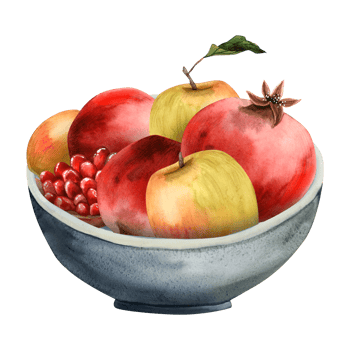 Fresh ripe fruits in a bowl with pomegranates and apples watercolor illustration. Hand drawn Rosh Hashanah clipart png