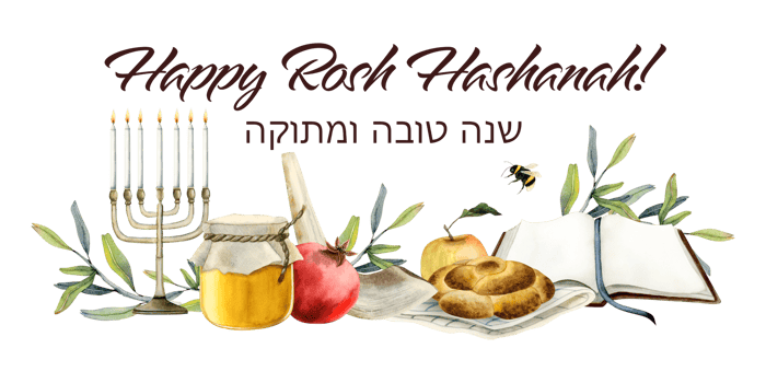 Happy Rosh Hashanah watercolor greeting card banner for Jewish New year. Horizontal illustration with pomegranate fruit, flowers, apple, honey, Torah book and menorah png
