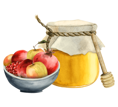 Fresh ripe pomegranate and apples in a bowl with honey jar and dipper watercolor illustration. Hand drawn Rosh Hashanah food clipart png