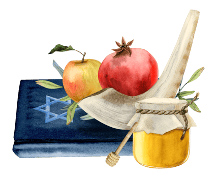 Jewish Rosh Hashanah symbols with Torah book, star of David, honey jar, pomegranate fruit and apple, shofar horn watercolor illustration for Israel new year and yom kippur png