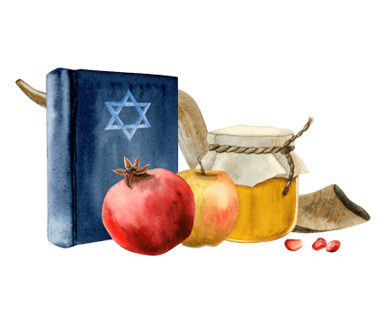 Watercolor Rosh Hashanah symbols with Torah book, star of David, honey jar, pomegranate fruit and apple, long shofar horn illustration for Jewish new year and yom kippur png
