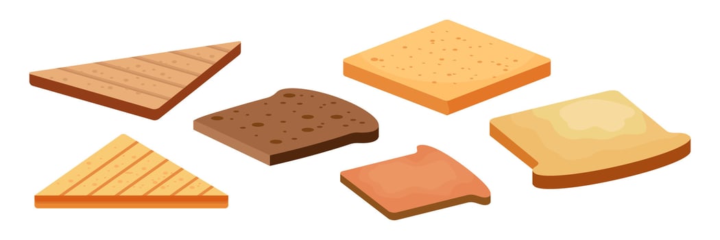 Set of ingredients for burger and sandwich. Sliced veggies, bun, cutlet, sauce. Fast food vector illustration cartoon flat icon collection isolated on white.