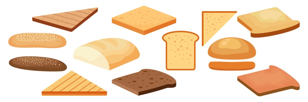 Set of ingredients for burger and sandwich . Sliced veggies, bun, cutlet, sauce. Vector illustration cartoon flat icon collection isolated on white.