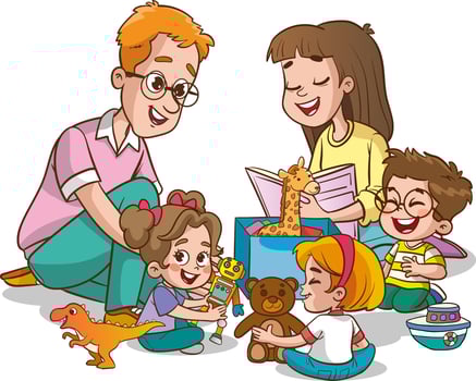 parents playing with kids at home. Educational toys. Children playing designer cubes, developmental constructor, sorter. vector