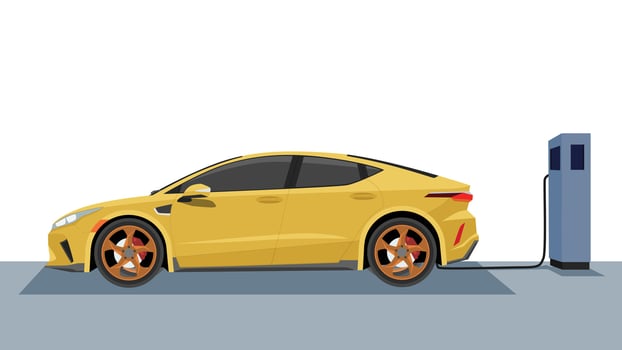 Electric Vehicle mini car charging parking at the charger station with a plug in cable. Charging in the rear side of car to battery. Isolated flat vector illustration on white background.