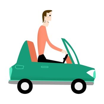 A father man is driving a car. Modern mid-century classic cartoon illustration style vector