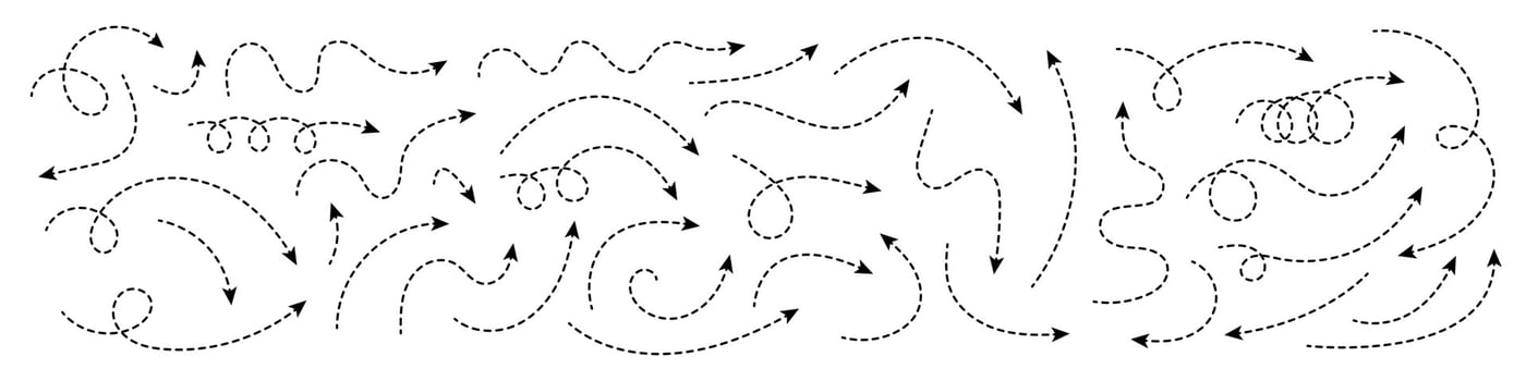 Thin curved dotted arrow. Zigzag arrow stripes design with dotted lines. Thin arrows. Vector illustration.