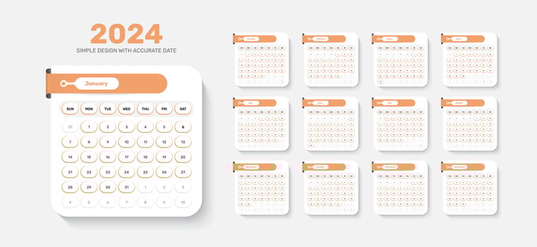 Simple calendar template layout design of 2024 with accurate date vector