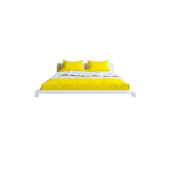 Minimalistic modern Cozy yellow colored tufted Bed with white Pillow and Blanket clipart on transparent background, isolated yellow colored Mattress, Cozy yellow colored Cot furniture with bed sheets png