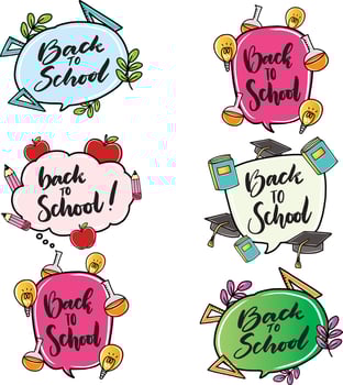 Back to School in comic speech bubbles, pop art style. Education concept. Comic dialog cloud, space cartoon. Set Memphis school comic bubble halftone dot. Creative idea conversation explosion balloon. vector