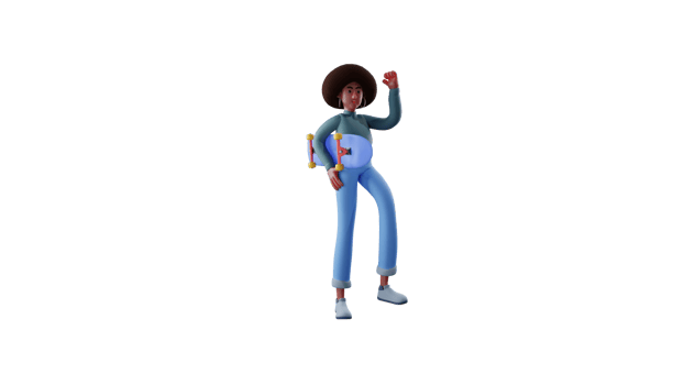3D illustration. Attractive African Girl 3D cartoon character. African girl carrying a skateboard. Beautiful girl who is going to skateboard with her friends. 3D cartoon character png