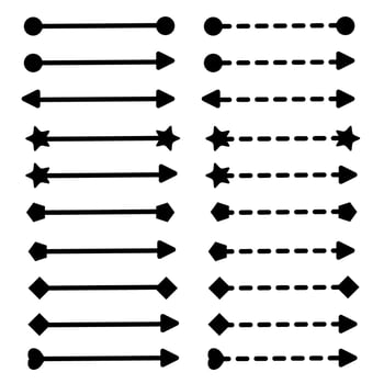 Set of doodle arrow line and dash line on white background. Vector illustration.