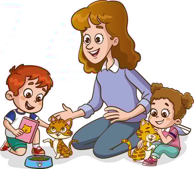 cute family feeding cute cats vector.children and their parents who feed stray animals vector