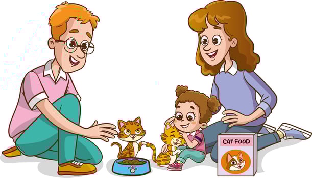 cute family feeding cute cats vector.children and their parents who feed stray animals vector