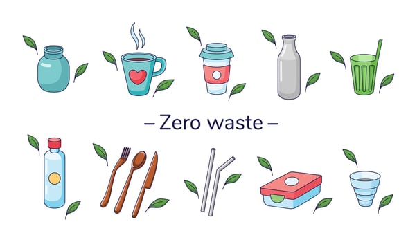 Set of eco friendly tableware items - glass jar, reusable coffee cup, wooden cutlery, lunch box, metal drinking straws, folding cup. Zero waste concept. Vector illustration in cartoon style