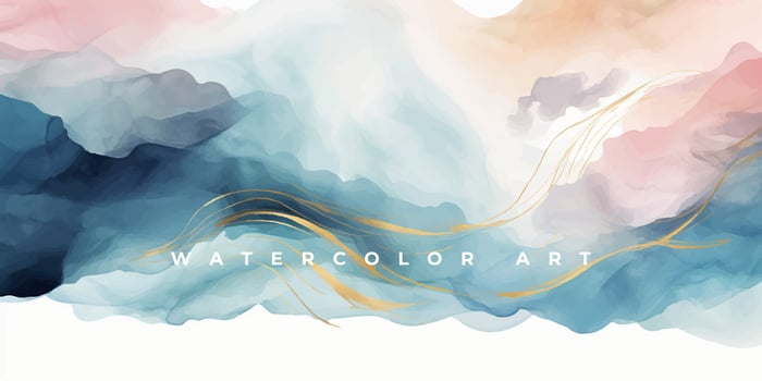 Watercolor art background vector. Wallpaper design with paint brush and gold line art. Earth tone blue, pink, ivory, beige watercolor Illustration for prints, wall art, cover and invitation cards. vector