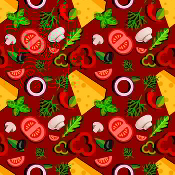 Cartoon Color Ingredients Pizza Seamless Pattern Background. Vector