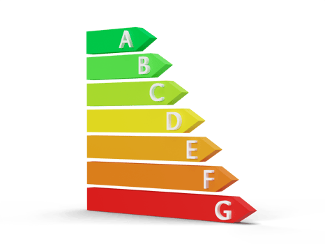 Energy efficiency rating chart cut out on transparent background. PNG. Ecological and bio energetic house. Energy class, performance certificate, rating graph. Eco friendly, energy saving. 3D png