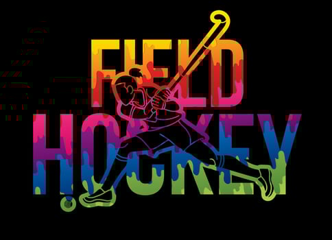 Field Hockey Text Designed with Female Player Cartoon Sport Graphic Vector