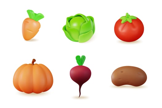 3d Color Different Fresh Vegetables Set Cartoon Style. Vector