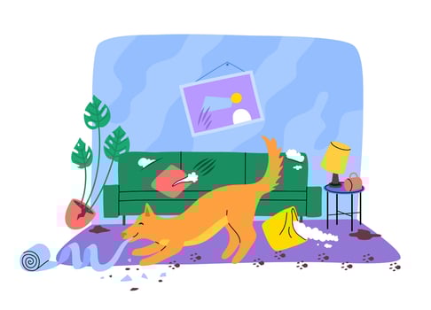 Cartoon Color Character Dog Alone at Home Destroys Room Concept. Vector