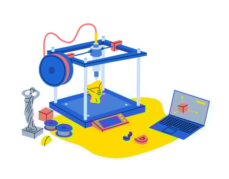 Cartoon Color 3d Printer Printed Sculpture Concept. Vector