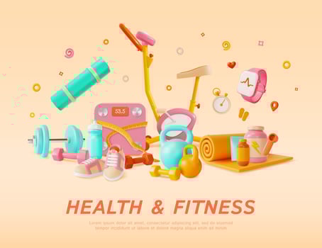3d Health and Fitness Products Ads Banner Concept Poster Card Cartoon Style. Vector