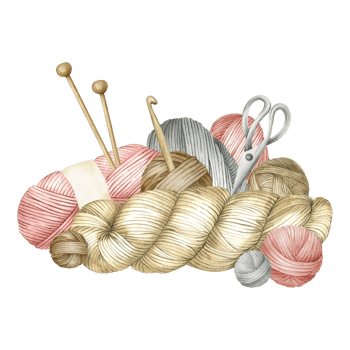 Wooden knitting needles, hook, balls of wool, skeins of yarn, scissors. Watercolor illustration. Isolated.For product packaging design, knitter blog, needlework store png