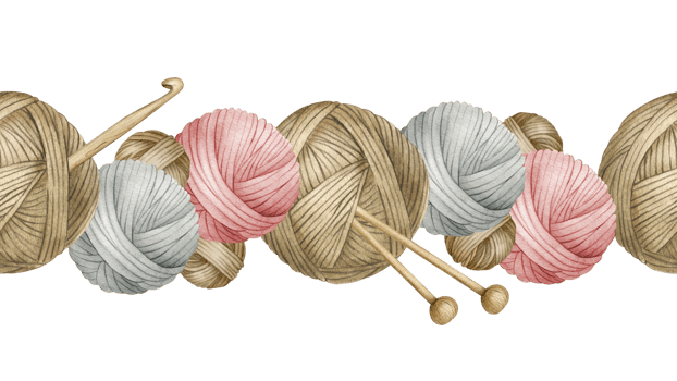 Yarn balls, balls of wool, skeins of yarn, wooden knitting needles, hooks. Watercolor seamless border. For product packaging design, knitter blog,needlework store png